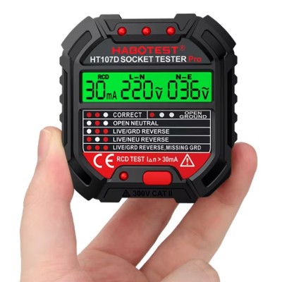 Testeur de prise de Terre (CH)+ Test RCD avec affichage Volts (L-N) et Volt (N-E) HT107D
