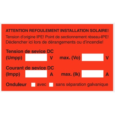 Etiquettes autocollantes (Waterproof) Attention refoulement installation solaire DC