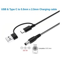 Câble USB vers DC 5V - 5,5 x 2,5 mm mâle (compatible : 5,5 x 2,1 mm)